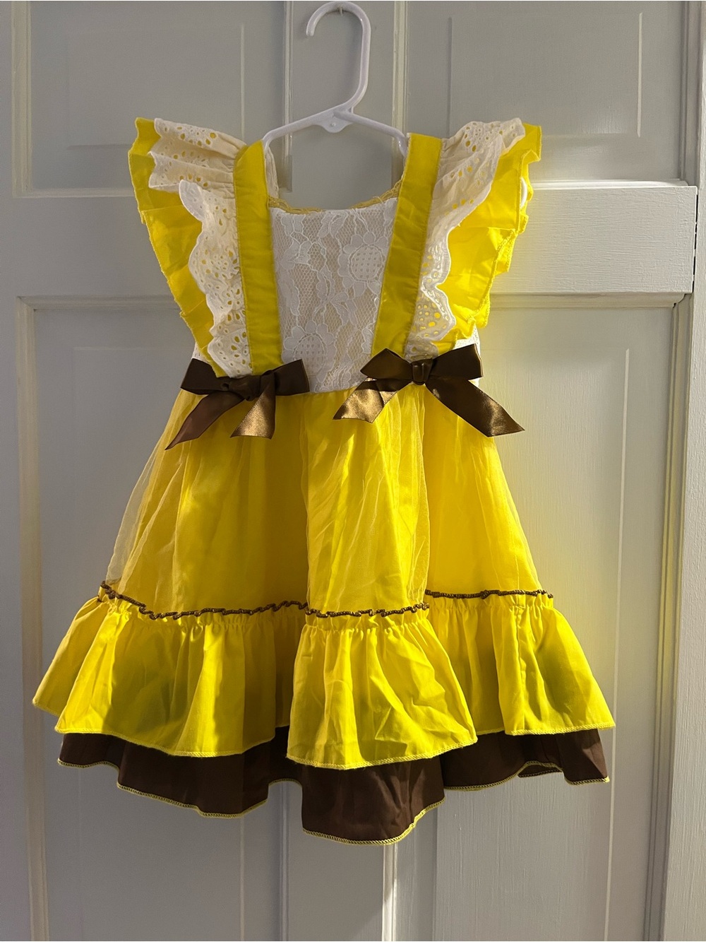 Yellow Lace Ruffle Kids Dress with Brown Bows